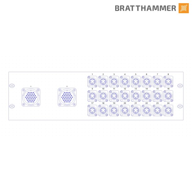 LK 37 Rackpanel 3U - 2x LK37 Male, 24x XLR Male panel - 1m Fanout XLR Female