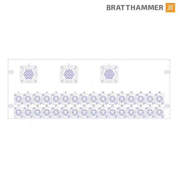 LK 37 Rackpanel 4U - 3x LK37 Male, 36x XLR Male panel - 1,5m Fanout XLR Female