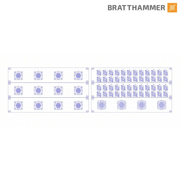 LK37 Rackpanel 6U. Input: 2x 2U 48x XLR female, 1x 2U 4x LK37 Female. Output: 3x 2U 4x LK37 Male