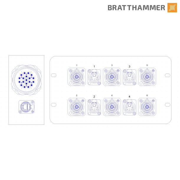 Socapex stageboks - Input: 1x Socapex, 1x Ethercon. Output: 6x True1 4x 5-pin Female