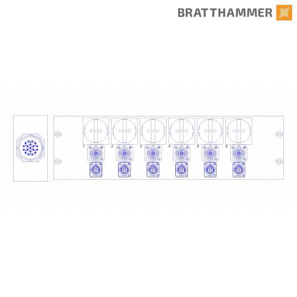 Socapex stageboks 19" - 6x singel schuko, 6x true1 female, 6x powercon gr�