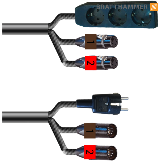Hybrid LYS Schuko - Schuko 3-veis 2,5mm� + 2x DMX 5-pin